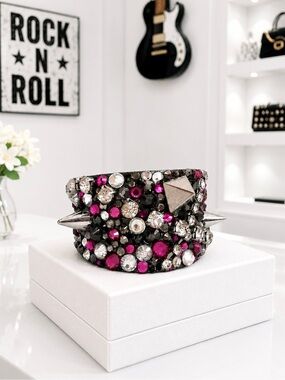 CUFF BRACELET Studded Pink Silver Gray and Black Cuff w/Swarovski Crystals
